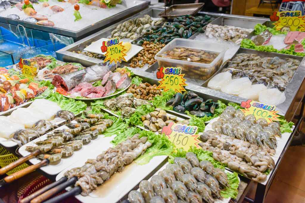 An array of fresh seafood at a Kata Beach market stall